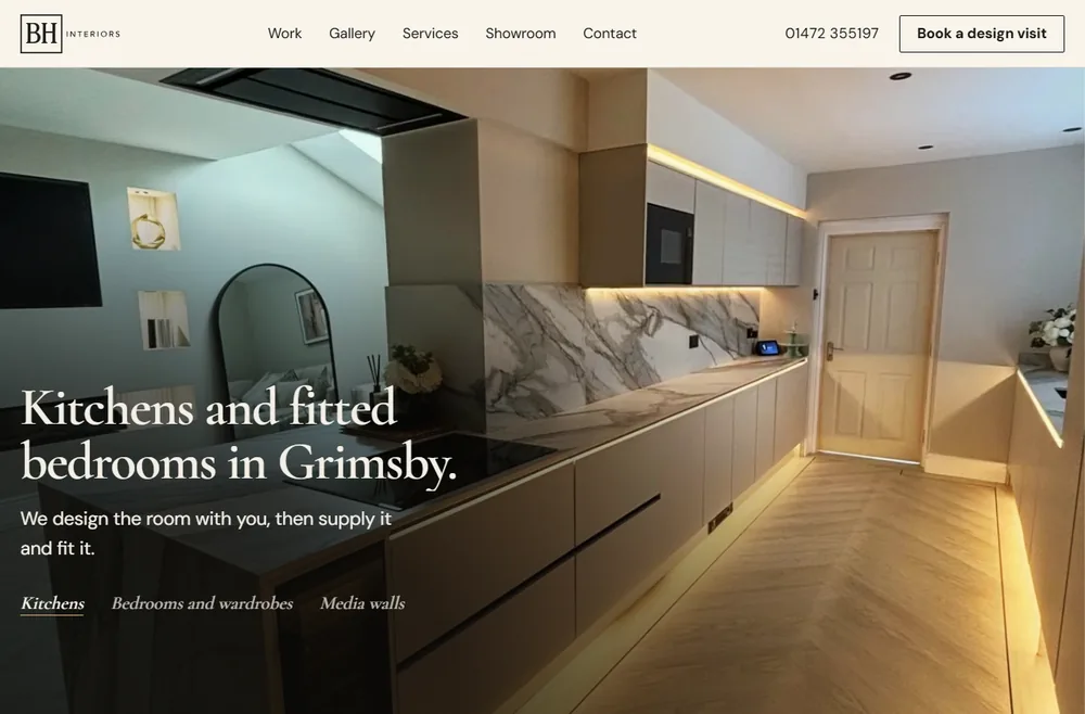 The BH Interiors homepage, a kitchen and bedroom showroom in Grimsby, designed and built by IBIX